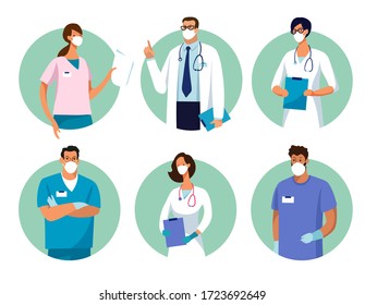 Set of male and female characters of doctors. Surgeons, doctors, nurses. Conceptual illustration, hospital medical team, poster. Vector template for design