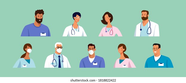 Set of male and female characters of doctors. Surgeons, doctors, nurses. Conceptual illustration, hospital medical team, poster. Vector template for design