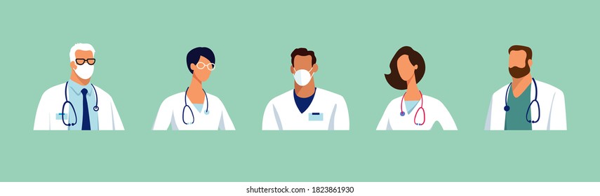 Set of male and female characters of doctors. Surgeons, doctors, nurses. Conceptual illustration, hospital medical team, poster. Vector template for design