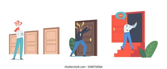 Set of Male and Female Characters at Doors Isolated on White Background. Woman Choose Entrance, Businessman Knocking into Closed Door, Life Choice, Opportunity. Cartoon People Vector Illustration