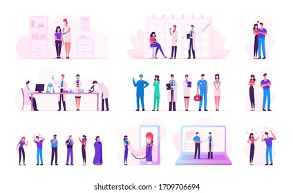 Set of Male and Female Characters during Covid19 Pandemic and Coronavirus Quarantine Self Isolation. Doctors Searching Vaccine in Laboratory, Couple Love and Fight. Cartoon People Vector Illustration