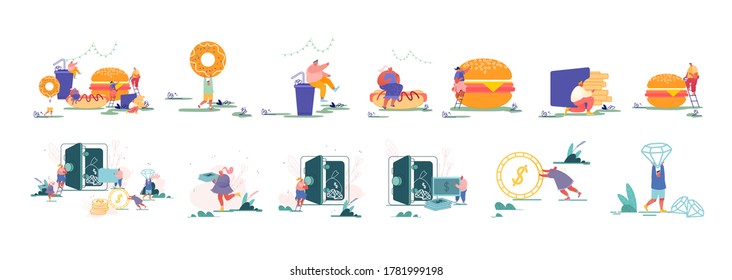 Set of Male and Female Characters Eating Fast Food. Tiny People with Huge Burgers, Baked Donuts, French Fries and Cola Drink. Men and women Saving Money and Assets in Safe. Cartoon Vector Illustration