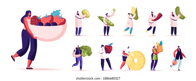Set of Male and Female Characters Eating Healthy Food. Men and Women with Fruits and Vegetables Source of Energy and Health, Vegetarian Diet Isolated on White Background. Cartoon People Illustration