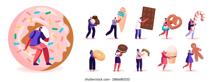 Set of Male and Female Characters Eating Sweets and Snacks. Men and Women Enjoying Different Appetizers Chocolate Bar, Ice Cream and Donut Isolated on White Background. Cartoon People Illustration
