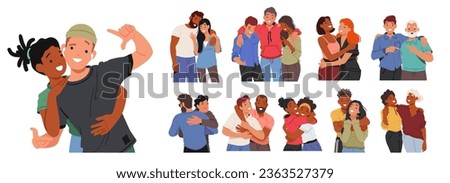 Set of Male and Female Characters Embrace, A Friendly Hug Communicates Affection, Support, And Connection, Fostering Positive Relationships And A Sense Of Belonging. Cartoon People Vector Illustration