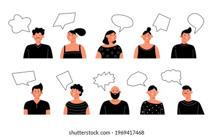 Set of male and female characters with empty speech bubbles - Young people making announcement, talking - Social media, communication and message concept - Flat vector illustration isolated