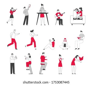 Set of Male and Female Characters Engage Sports Activity, Jogging and Running Marathon, Kids Playing Musical Instruments in Music School Class. People Drinking in Bar. Linear Vector Illustration