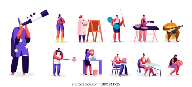 Set Male Female Characters Engage Hobby. Men and Women Painting, Learning Astronomy, Playing Instruments, Making Crockery and Handmade Things Isolated on White Background. Cartoon People Illustration