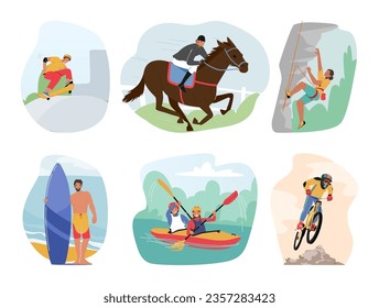 Set of Male and Female Characters Engage in Extreme Vacation. Men and Women Ride on Skateboard or Racing Horse, Climbing Mountains, Enjoy Bike, Surfing or Kayaking. Cartoon People Vector Illustration