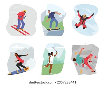 Set Of Male And Female Characters Engage In Extreme Vacation. Men And Women Skiing, Skydiving, Riding Longboard And Surf Board, Playing Tennis And Climbing Rocks. Cartoon People Vector Illustration