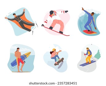 Set Of Male And Female Characters Engage In Extreme Vacation. Men And Women Flying with the Wingsuit, Riding Snowboard, Surfboard, Skis and Skateboard. Cartoon People Vector Illustration