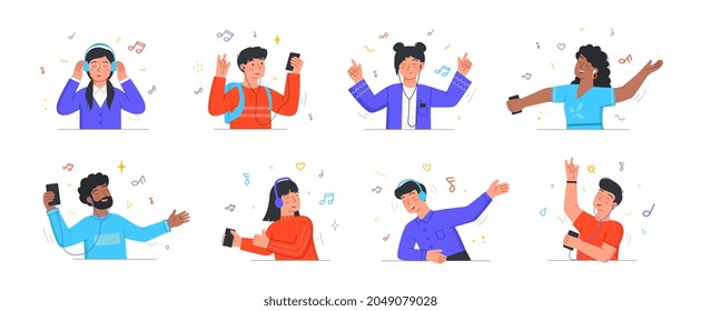 Set with male and female characters enjoing listening to music on white background. People listening to music on smartphone, dancing, singing, relaxing and having fun. Flat cartoon vector illustration
