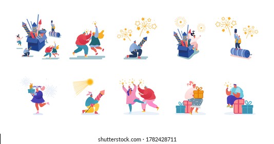 Set of Male and Female Characters Enjoying Fireworks Show. Happy Men and Women Holding Burning Sparklers, Giving Christmas Presents and Watch Festive Firework. Cartoon People Vector Illustration