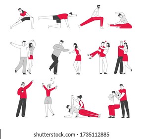 Set of Male and Female Characters Exercising in Gym, Doing Training Workout with Coach. Men and Women Listening Music and Dance, People Dating Isolated on White Background. Linear Vector Illustration