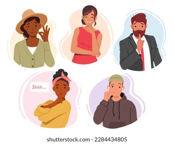 Set of Male and Female Characters Expressing Silence Using Hand Gestures, Such As Placing Finger On Lips. Concept Of Secrecy, Confidentiality, Or Respectful Silence. Cartoon People Vector Illustration