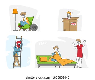 Set of Male and Female Characters Feeling Fear. Woman Crying with Chain on Leg, Man Sitting in Box, Yelling and Sweating, Businessman Scared of Height, Spooky Story. Linear People Vector Illustration