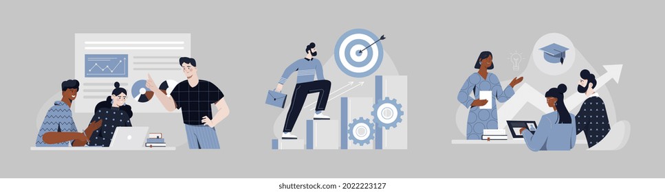 Set With Male And Female Characters Are Gaining New Skills On Grey Background. Concept Of Career Development, Workshop, Conference And Seminar, Job Success. Flat Cartoon Vector Illustration