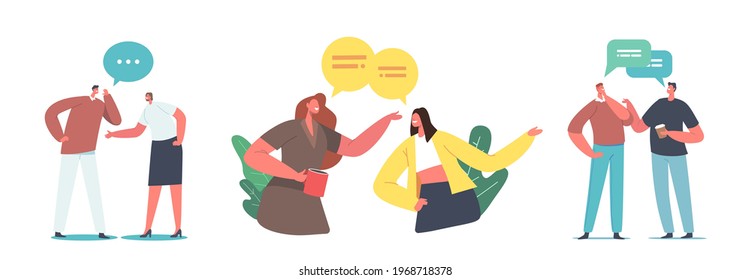 Set of Male and Female Characters Gossip. People Whisper, Discussing Fake News and Information, Friends Meeting, Communication and Chatting Isolated on White Background. Cartoon Vector Illustration