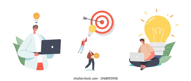 Set of Male and Female Characters Having Creative Idea Concept. Tiny People at Huge Glowing Light Bulb and Target with Arrow in Center Isolated on White Background. Cartoon Vector Illustration