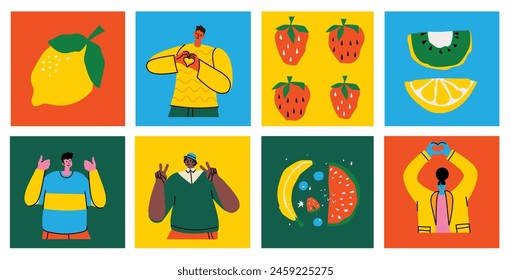 Set of Male and Female Characters with Healthy Food. People with Fruits and Vegetables Source of Energy and Health, Vegetarian Diet Isolated on White Background.