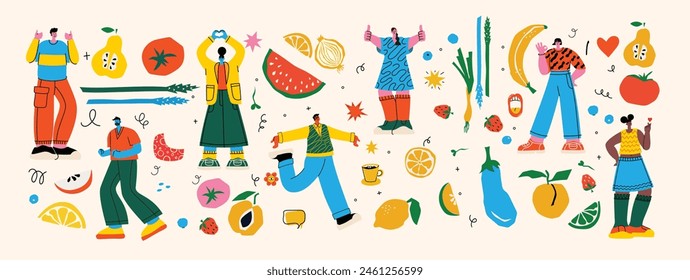 Set of Male and Female Characters with Healthy Food. People with Fruits and Vegetables Source of Energy and Health, Vegetarian Diet Isolated on White Background.