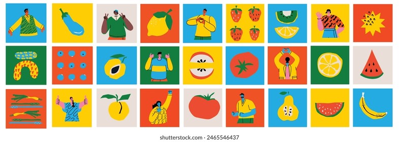 Set of Male and Female Characters with Healthy Food. People with Fruits and Vegetables Source of Energy and Health, Vegetarian Diet Isolated on White Background.