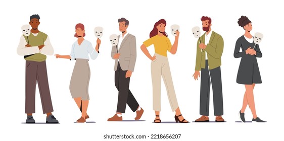 Conjunto de personajes masculinos y femeninos que esconden caras detrás de máscaras sociales con emociones falsas positivas o indiferentes. Hombres y mujeres disfrazando el verdadero humor y sentimientos. Ilustración de vectores de personas de caricatura