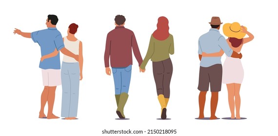 Set of Male and Female Characters Hugging Rear View. Young Loving Couples Romantic Relations. Man and Woman Embrace Each Other, Happy Lovers Dating, Love, Romance. Cartoon People Vector Illustration