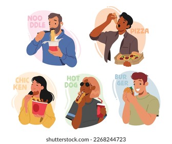 Set of Male and Female Characters Indulging In Fast Food, Men and Women With Burger, Fries, Noodles, Nuggets and Hot Dog with Soda. Unhealthy Eating Habits Concept. Cartoon People Vector Illustration