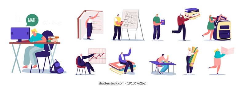 Set Male and Female Characters Learning. Men and Women Doing Homework Sitting at Desk, Study in University or School, Prepare for Exam Isolated on White Background. Cartoon People Vector Illustration