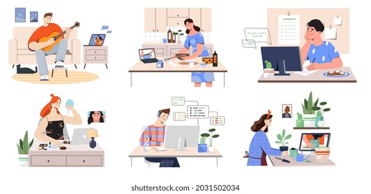 Set with male and female characters learning new skills via online lesson on white background. Online courses to study makeup, playing guitar, style, UX and UI. Flat cartoon vector illustration