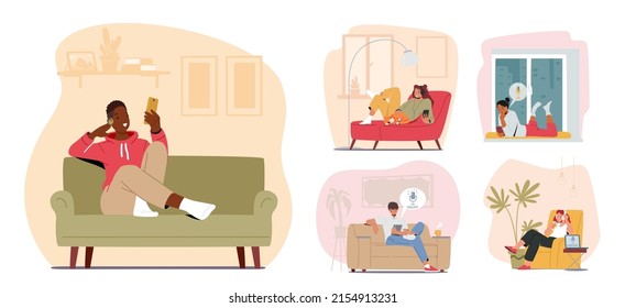 Set of Male and Female Characters Listen Podcast. People Listening to Audio Programs in Headphones, Use App on Smartphone for Listening Podcasting and Radio Show Online. Cartoon Vector Illustration