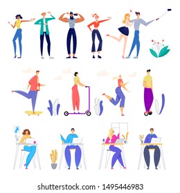 Set of Male and Female Characters Making Selfie and Posing on Photo Camera, Riding Electric Scooters and Hoverboards in City Park, Communicate via Internet on Laptop. Cartoon Flat Vector Illustration