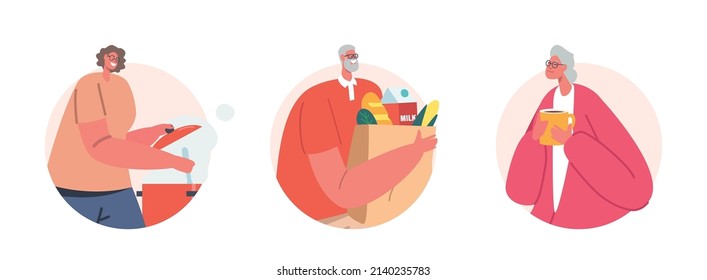 Set of Male and Female Characters. Mature Woman Cooking Food, Senior Man Carry Paper Bag with Grocery Products, Aged Lady Drinking Tea Isolated on White Background. Cartoon People Vector Illustration