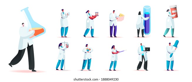 Set Male and Female Characters in Medical Robe Holding Medic Things. Men and Women with Beaker, Glass Flask and Dropper, Lab Staff with Stuff Isolated on White Background. Cartoon People Illustration