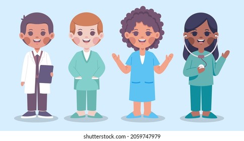 Set of male and female characters of medical team. doctors, nurses. Surgeons, cartoon charactor, vector  illustration