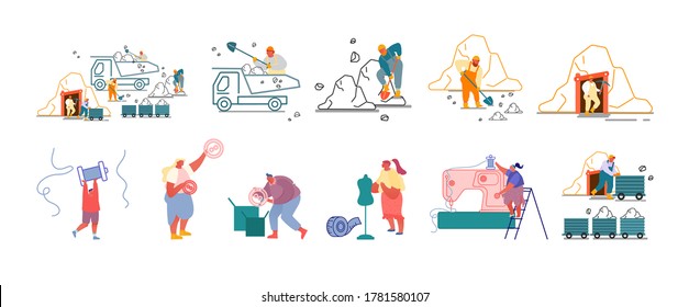 Set of Male and Female Characters Mining Coal on Quarry. Tailors Sewing Apparel in Atelier. Industrial and Creative Working Occupation. Needlework, Miner Job. Cartoon People Vector Illustration