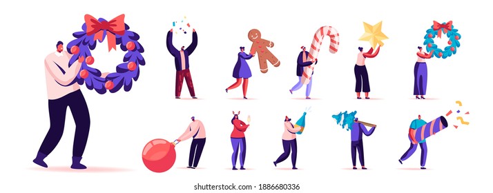 Set of Male and Female Characters with New year Things. Men and Women Holding Decorated Wreath, Christmas Tree and Confetti, Bauble and Sweets Isolated on White Background. Cartoon People Illustration