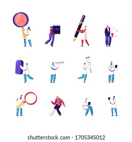 Set Male and Female Characters Notary and Medic Profession. People Wearing White Labcoat Holding Medicine. Doctor, Patient, Lawyer Isolated on White Background. Cartoon Vector Illustration, Clip Art
