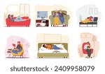 Set Of Male And Female Characters On Their Couches. Old and Young People Reading Books and Dreaming, Sick Woman Freezing, Senior Couple Watching Tv, Cartoon Vector Illustration