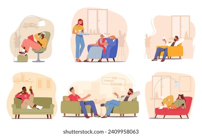 Juego De Personajes De Hombre Y Mujer En Sus Sofás. Jóvenes, ancianos y adultos que viven, beben vino, conversan con amigos, voluntarios llevan comida a ancianas. Ilustración del vector de dibujos animados