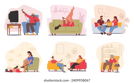 Juego De Personajes De Hombre Y Mujer En Sus Sofás. Jóvenes y ancianos viendo la televisión, probando zapatos, descansando con Smartphone, padres que conforman niño, parejas que hablan. Ilustración del vector de dibujos animados