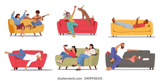 Satz männlicher und weiblicher Zeichen auf ihren Couches. Leute, die Spaß haben, Gitarre spielen, Party mit dem Haustier feiern, Gadgets benutzen, Schlafen und Chatten, Sick Man Relaxen. Cartoon-Vektorgrafik