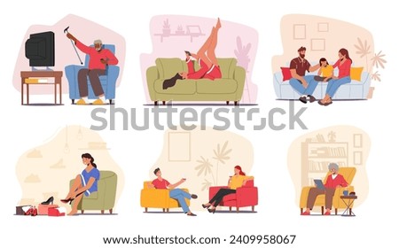 Set Of Male And Female Characters On Their Couches. Young and Senior People Watching Tv, Fitting Shoes, Relax with Smartphone, Parents Comforting Child, Couple Chatting. Cartoon Vector Illustration