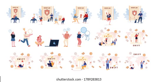 Set of Male and Female Characters and Patent Law. People Lose Password for Internet Account or Computer Access, Using Swift Banking Service for Transfer Money. Linear People Vector Illustration