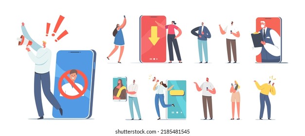 Set of Male and Female Characters with Phones and Loudspeaker Isolated on White Background. Men and Women Communicate with Smartphones. Young People Holding Mobiles. Cartoon Vector Illustration