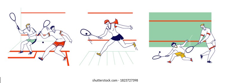 Set of Male and Female Characters Playing Squash Sport Game. People Training or Competition Activity, Healthy Lifestyle, Spare Time, Sports Hobby, Athletes on Tennis Court. Linear Vector Illustration