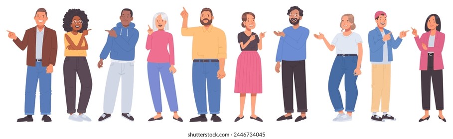 Set of male and female characters pointing their finger somewhere or showing something. Vector illustration in flat style