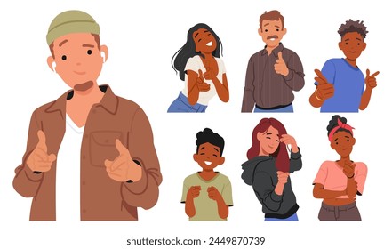 Conjunto de personajes masculinos y femeninos que apuntan directamente al espectador con un gesto juguetón y atractivo. Las Personas Sonríen Radiante, Transmitiendo Calor Y Alegría, Los Dedos Índices Se Extienden. Ilustración vectorial de dibujos animados