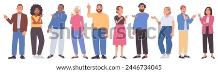 Set of male and female characters pointing their finger somewhere or showing something. Vector illustration in flat style